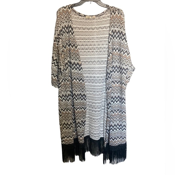 Cato Sweaters - Lightweight kimono duster 3/4 sleeve with fringe at hem